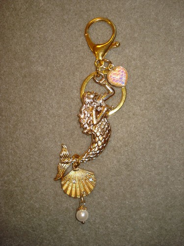 5 1/2" Drop GP Mermaid, Heart, Rhinestone Scallop & Faux Pearl Key Ring Glitz - Bild 2 von 8