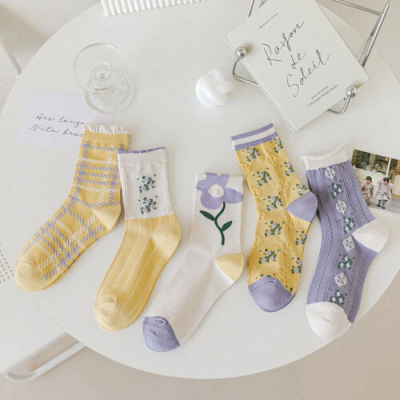 5 Pairs Womens Cotton Work Socks Lot NEW Spring Flower Casual Crew Socks 6-9