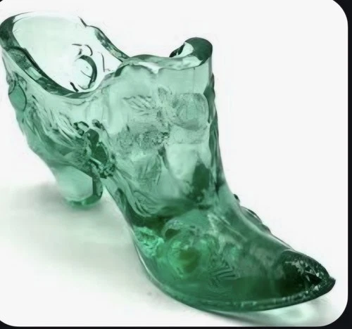 Fenton Light Green Cabbage Rose Pressed Floral Glass Shoe Slipper