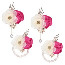 2 Sets Wrist Corsage and Boutonnieres Set for Wedding Groom Bride, Rose Red