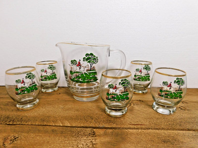 Hasel-Atlas Fuchs Jagd Krug & 5 Goldrand Glas Becher Vintage