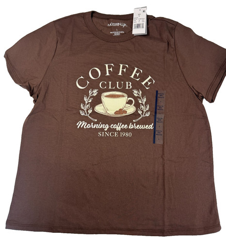 Modern Lux Women's Coffee Club Easy Short Sleeve Graphic T Shirt Brown L NWT