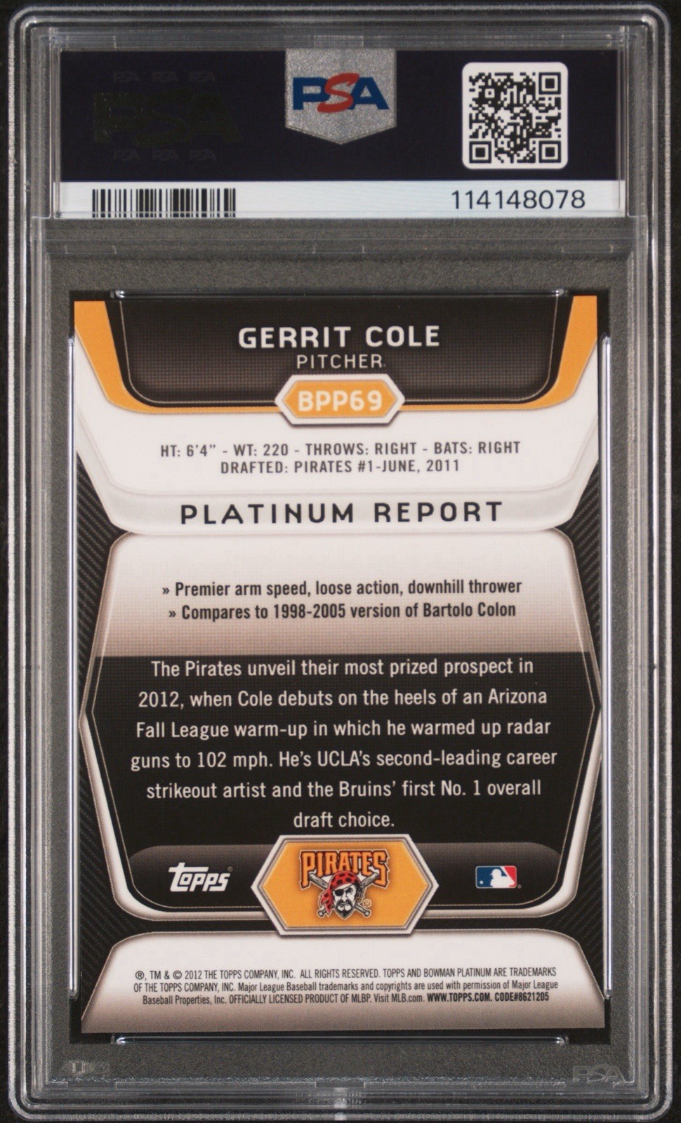 2012 Bowman Platinum Gerrit Cole Green Refractor /399 PSA 10 Gem Mint Prospect view 2