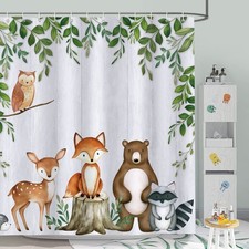 Woodland Animal Shower Curtain for Kids, Cute Fox Deer Bear Raccoon Bathroom ...