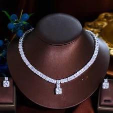 CWWZircons Long Square Drop Necklace Earrings CZ Engagement Costume Jewelry Set