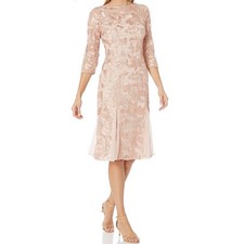 NWT Alex Evenings Embroidered Dress Illusion Sleeve Womens Sz 6P Peach MSRP 189
