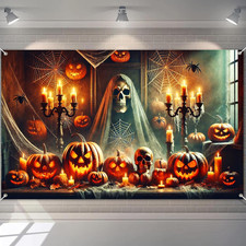 Halloween Banner 71x43 Inch Gothic Skull Backdrop Banner with Pumpkin Candles...
