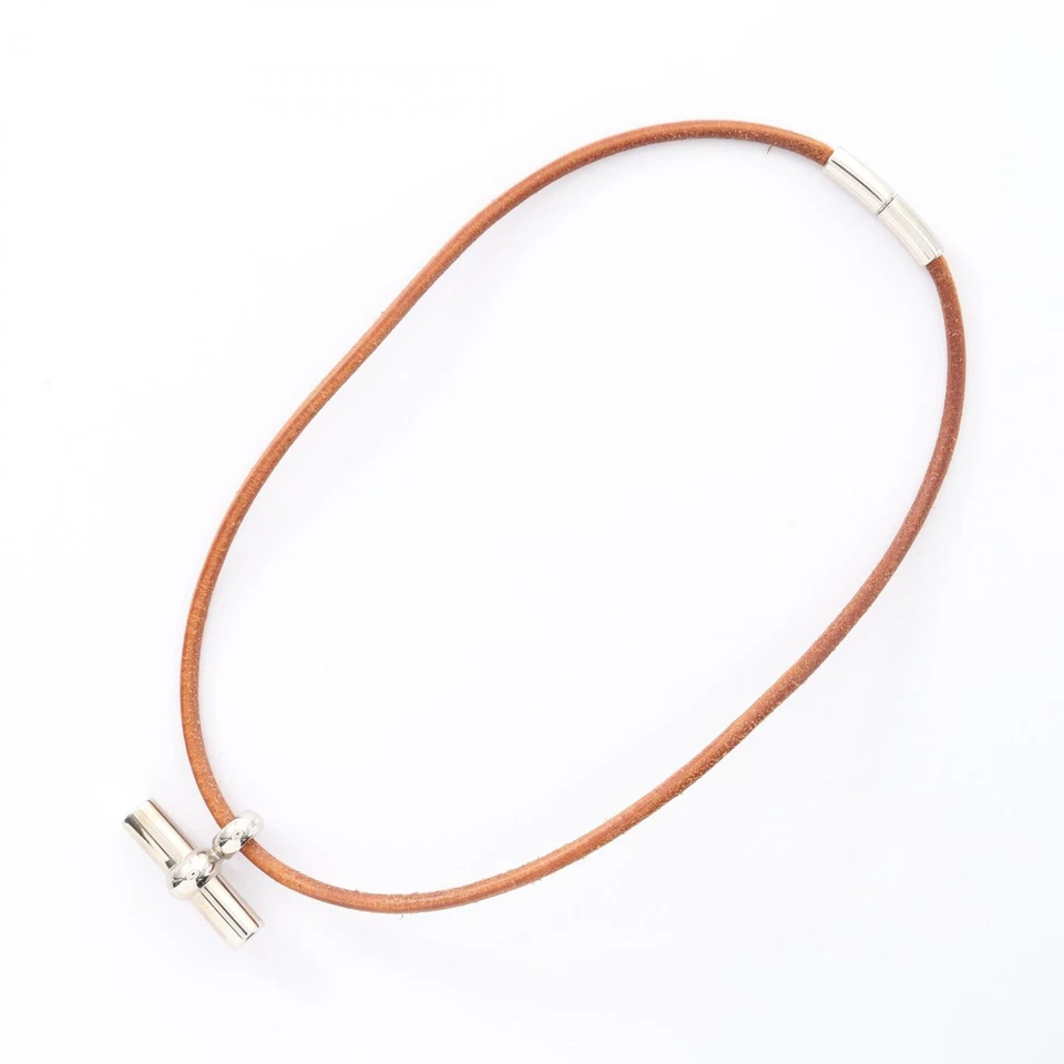 Collar Gargantilla Colgante HERMES Glenan 36cm Cuero Chapado en Oro Marrón Usado Mujer Foto 3 de 4