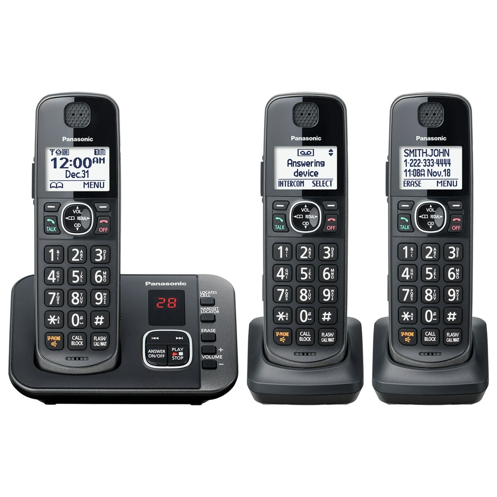 Panasonic KX-TG3833M 3-Handset Black Cordless Phone System w/Answering System