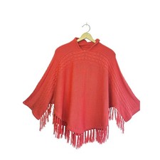 100 Baby Alpaca Cable Knit Fringe Poncho Sweate Peruvian Imports Coral Red XL
