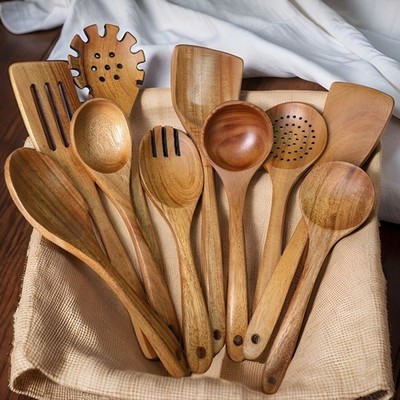 10Pcs Teak Wooden Kitchen Utensils Set for Cooking Baking