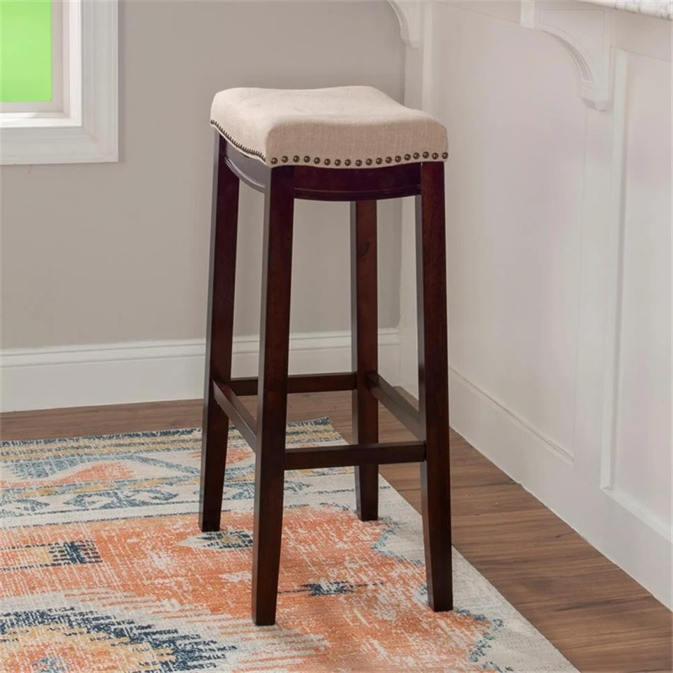 Linon Hampton Bar Stool Beige Padded Seat Wood Frame in Dark Walnut Brown - Image 3 of 4