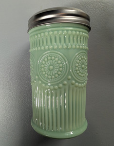 Green Glass Canister Jar w/ Embossed Floral Pattern & Silver Screw Lid 5.25"