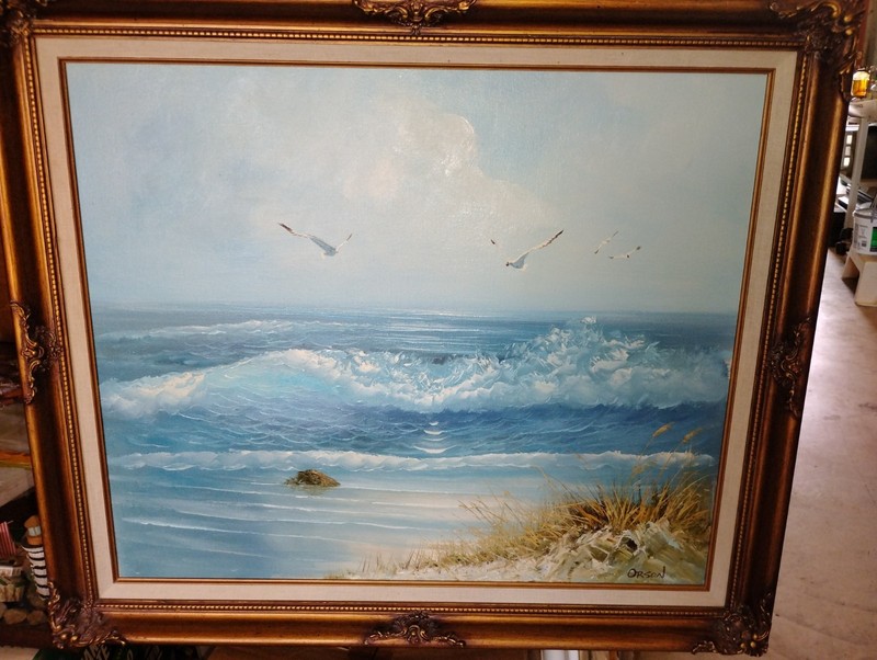 1970's-80's Large Seascape Painting With Beach, Birds,  In Gold Detailed Frame