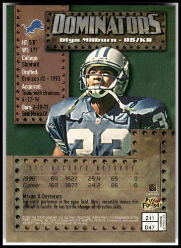 1997 Finest #211 Glyn Milburn Refractors - Picture 2 of 2