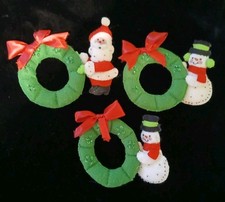 3 Vintage Bucilla Felt Sequins SANTA SNOWMAN Christmas Wreath Ornament Finished