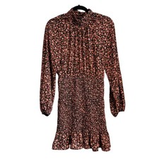 Zara Dark Floral Smocked High Neck Long Sleeve Ruffle Hem Mini Dress Size M