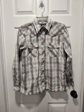 Cowboy Hardware Shirt Mens MEDIUM Gray Pearl Snap Western Long Sleeve Plaid