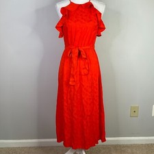 ZARA Dress Women Size XS Reddish Orange Floral Ruffle Maxi Elastic Waist