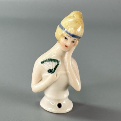 Vintage Antique GERMAN HALF DOLL Porcelain FLAPPER Blonde Woman Lady Fan 1-5/8''