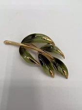 Vintage PIM Gold Toned Brooch Branch with Glossy Green Enamel & Gold Leaves
