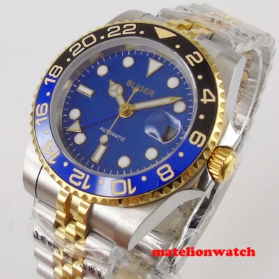 Golden 40mm Automatic Men's Wristwatch GMT Function Blue Dial Two Tone Bracelet
