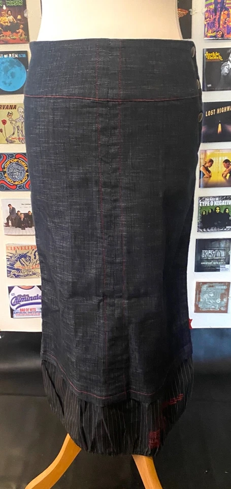 Vintage 90's Y2K Cop copine maxi skirt writing denim stripes red stitching layer - Image 2 of 4