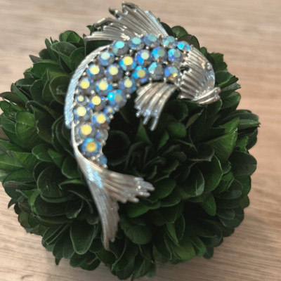 Vintage Coro aurora borealis fish silver pin (missing small stone)