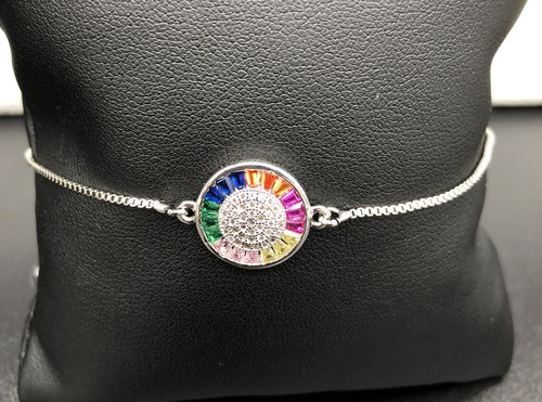 Rainbow Disk Bracelet, Silver Bracelet and White Zircon NWT, Adjustable Closure - Picture 2 of 7