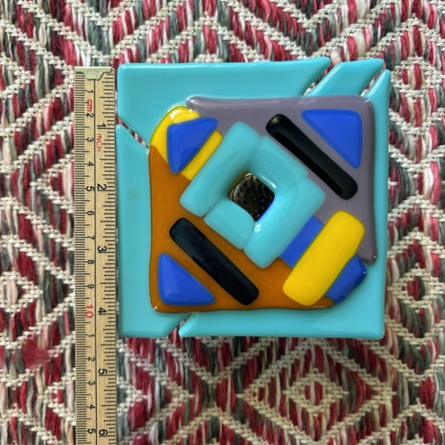 Ikebana Vase Fused Glass With Pin Flower Frog Geometric Multicolor Bold Decor - Picture 7 of 8