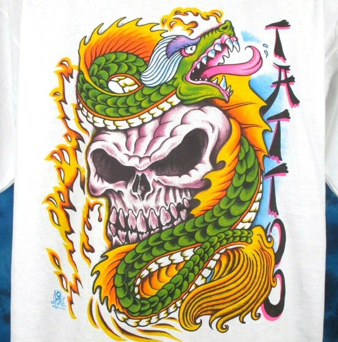 NOS vintage 80s SKULL CHINESE DRAGON TATTOO T-Shirt L/XL cartoon single stitch