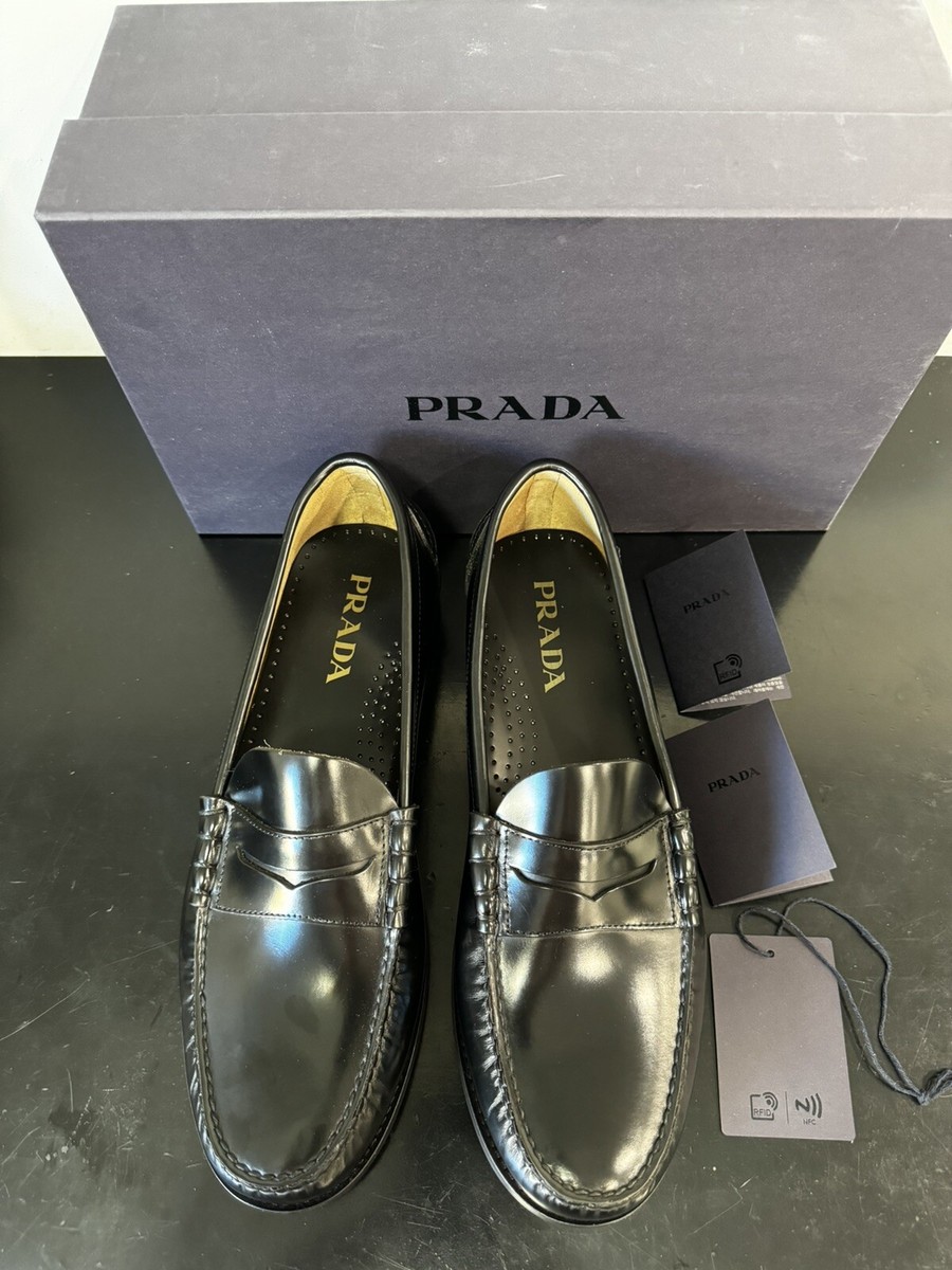 PRADA MAN'S BRUSHED LEATHER LOFER SHOES. SIZE US 12 / PRADA