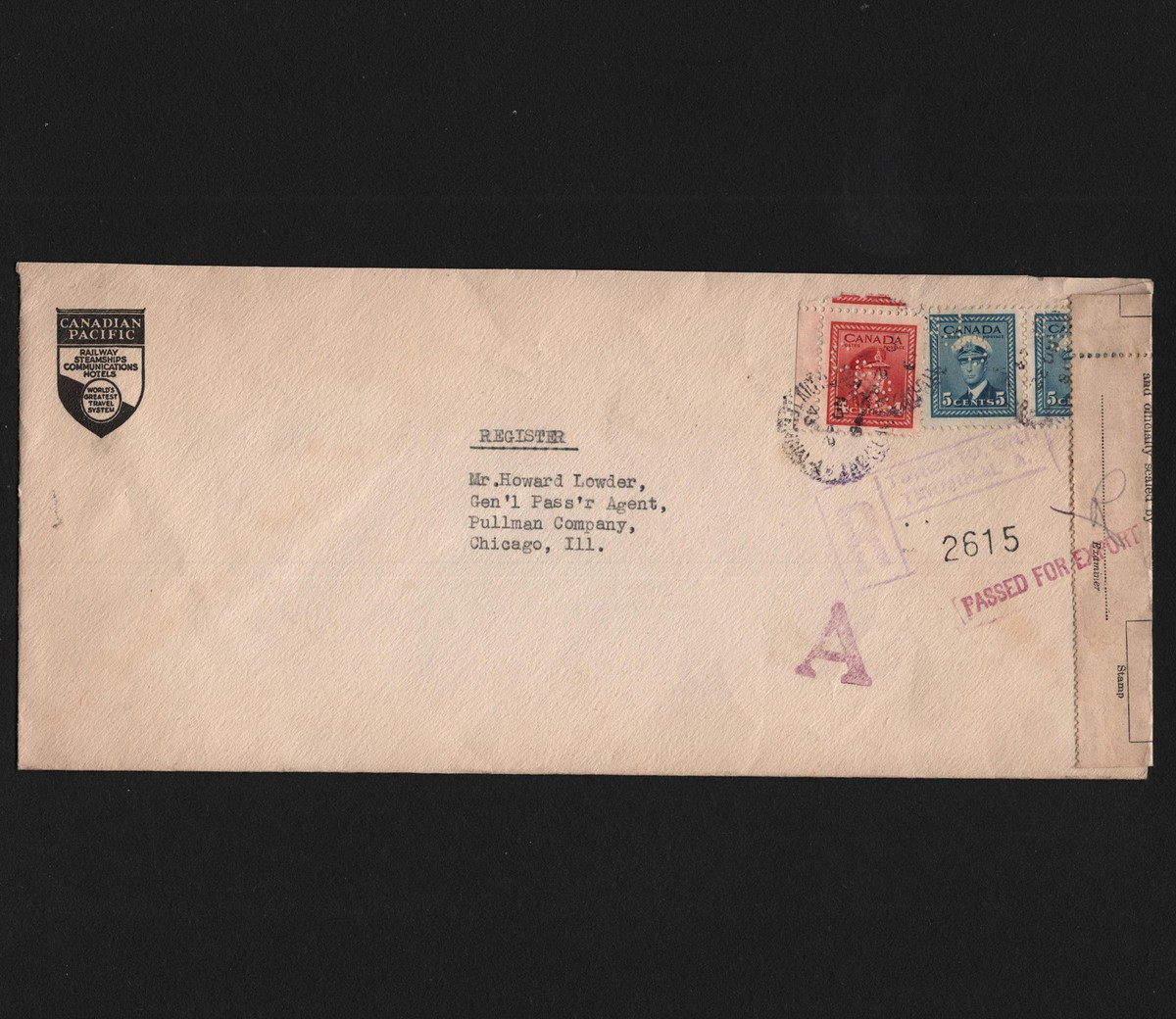 OPC 1943 Canadian Pacific RWY Perfin CPR to USA Registered 