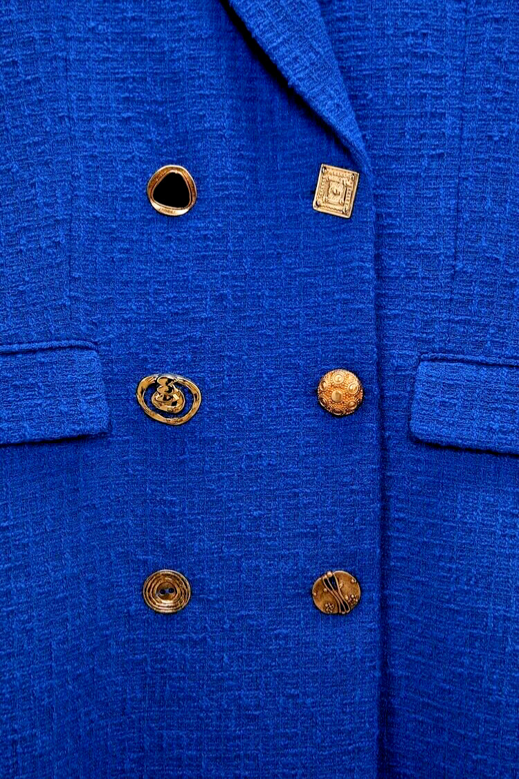 ZARA Blazer Dress Jacket Coat Textured Double Breast Blue Gold Buttons NEW image 3