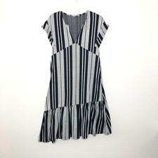 Zara Trafaluc Gray Blue Striped Ruffle Asymmetrical Cap Sleeve Dress size S DK