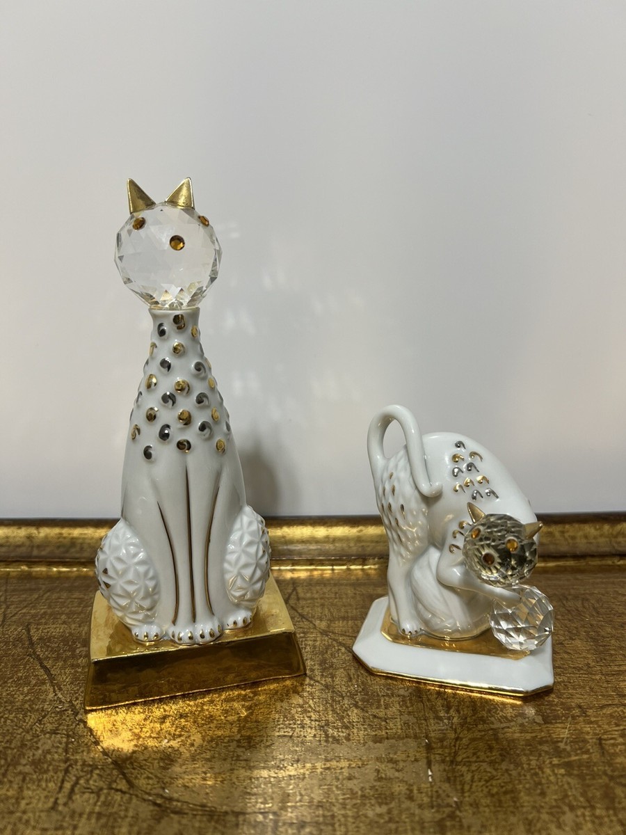 Porcelain and Swarovski Crystals Cats Figurines By Carpie Made In