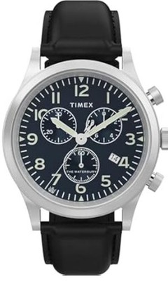   Timex Waterbury Traditional Chrono SST Case Dark Blue Dial Blk Leather Strap