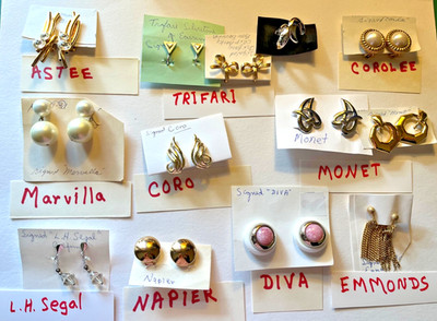 Lot of 13 Vintage, Signed Clip-On Earrings   Napier, Monet, Trifari, Coro, Aster