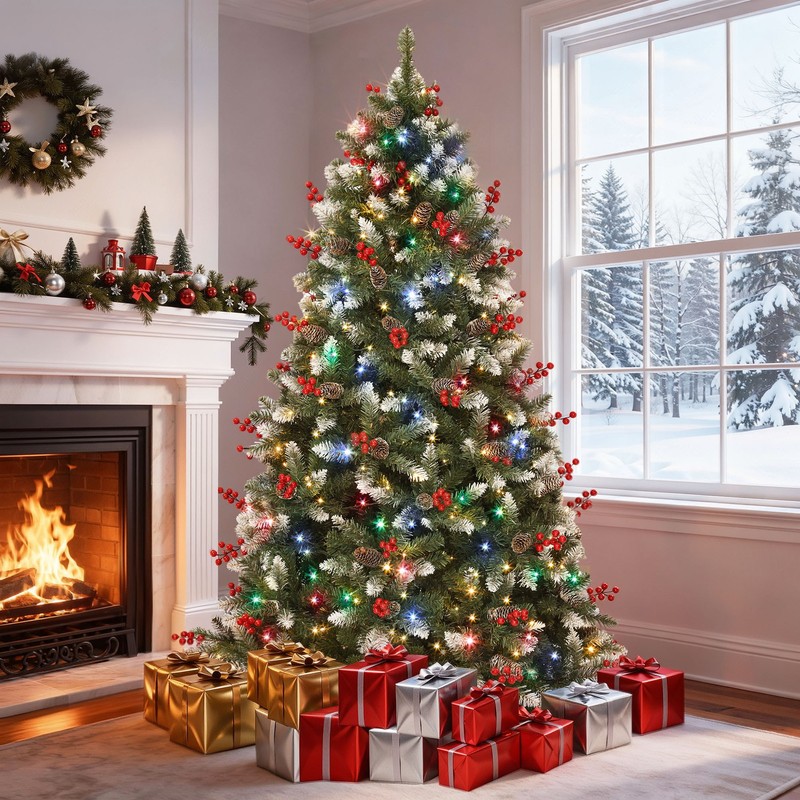 7.5ft Pre Lit Christmas Tree with Pine Cones Berries 1398 Tips 550 Lights Remote
