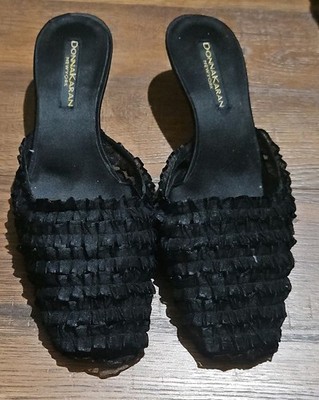 Donna Karan New York Women's Ruffle Fabric Mule Heels Open Toe Black 8.5