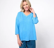 LOGO by Lori Goldstein Women's Top Sz M 100% Cotton Slub V-Neck Blue A683851