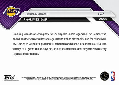 2025-26 Topps Now NBA 172 LeBron James Los Angeles Lakers 1st Ever