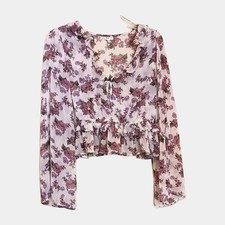 Self E Cropped V-Neck Long Sleeve Blouse Size Medium Boho Ruffle Floral EUC 