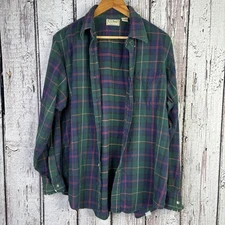 L.L. Bean Vintage Men’s Large Regular Plaid Shirt Button Down Green Worn Flaws