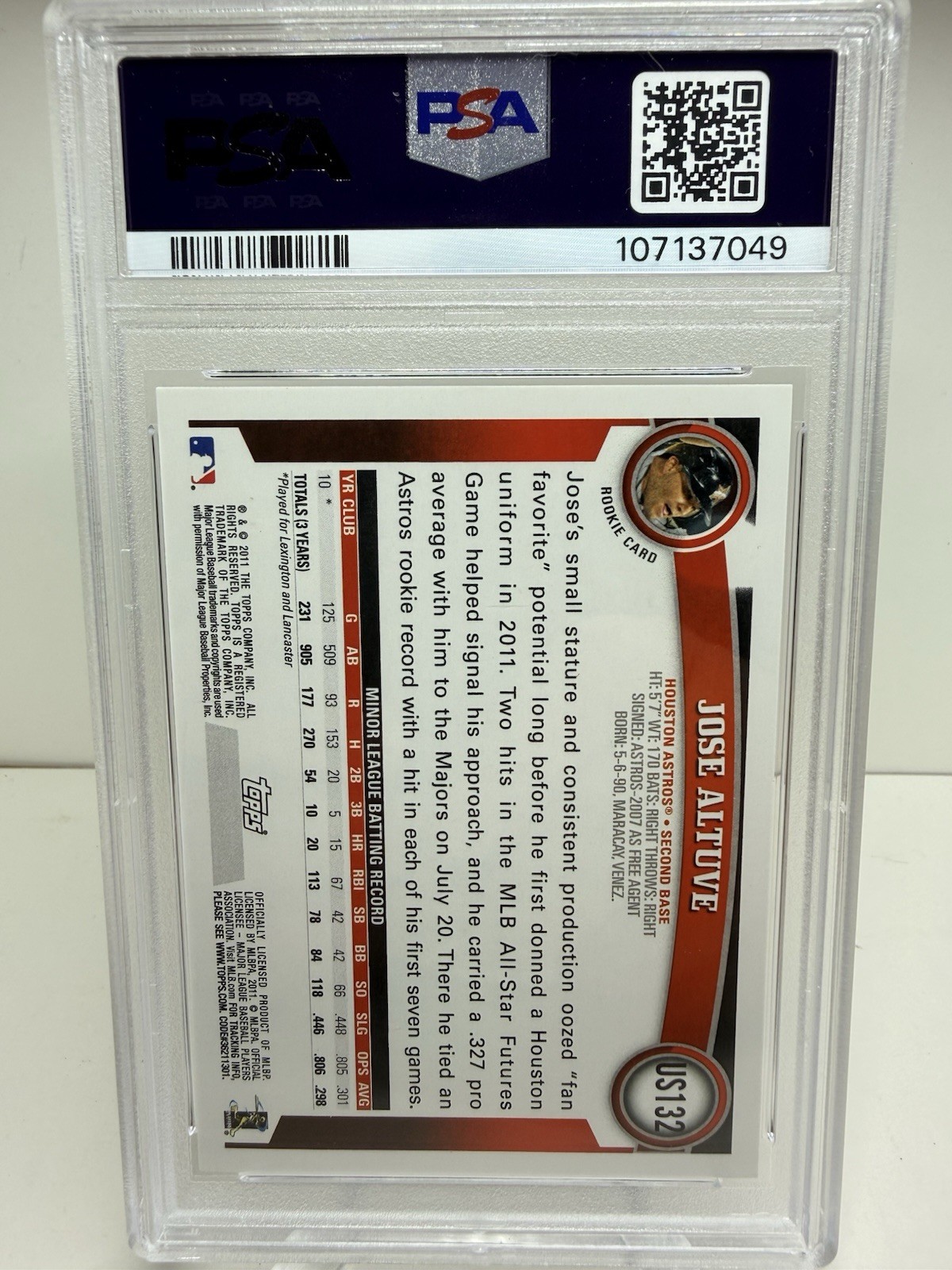 Signed Auto Jose Altuve 2011 Topps Update Blue Border #US132 PSA/DNA Rookie RC view 2
