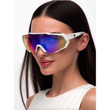 Windproof UV Protection White Frame Rainbow Lens Sleek Sunglasses Women Sports