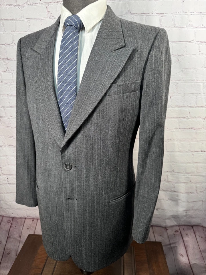 PIERRE CARDIN Hombres Gris Rayas Lana Pico Solapa Abrigo Deportivo Blazer Chaqueta 38S Foto 2 de 4