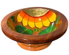 Hand Painted Mango Wood Bowl Floral Folk Art Boho Decor 7in