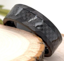 8mm Tungsten Carbide Ring Black Carbon Fiber Inlay Faceted Design Unisex Band