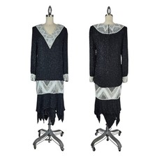 Vintage Judith Ann Silk Beaded Dress M Black White Art Deco Pearl Glam